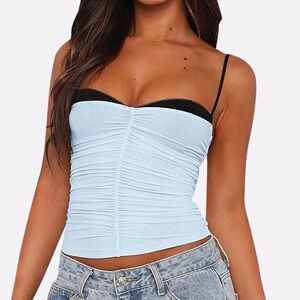 White Fox Baby Blue Ruched Mesh Cami Top